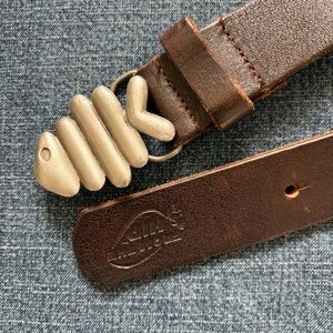 fish buckle from the hip brown italian leather belt silver toned buckle